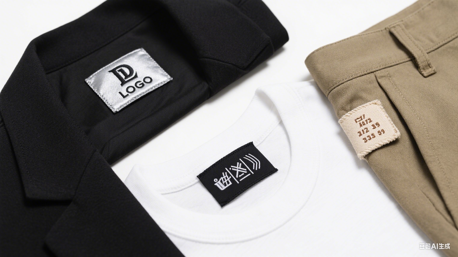 Brand labels in different garment positions, comparing embroidery and woven styles.